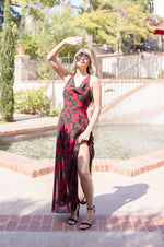 Cowl Neck Cross Back Floral Print Maxi Dress Black