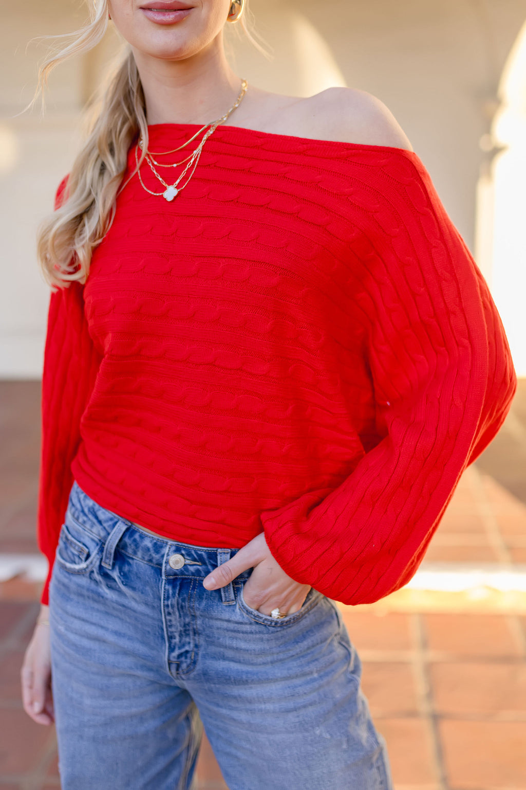 Long Dolman Sleeve Cable Knit Sweater Top Red