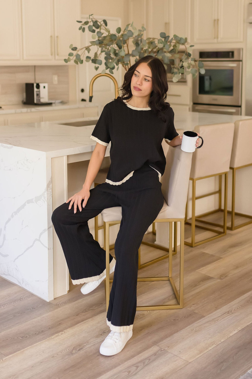 Short Sleeve Ribbed Sweater Top And Pants Set Black