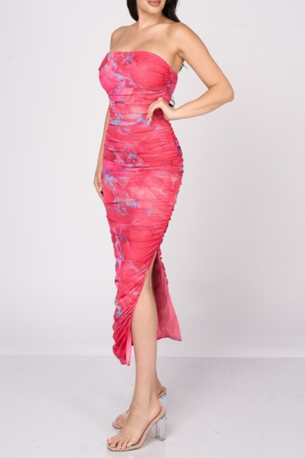  Sleeveless Abstract Print Mesh Midi Dress Pink