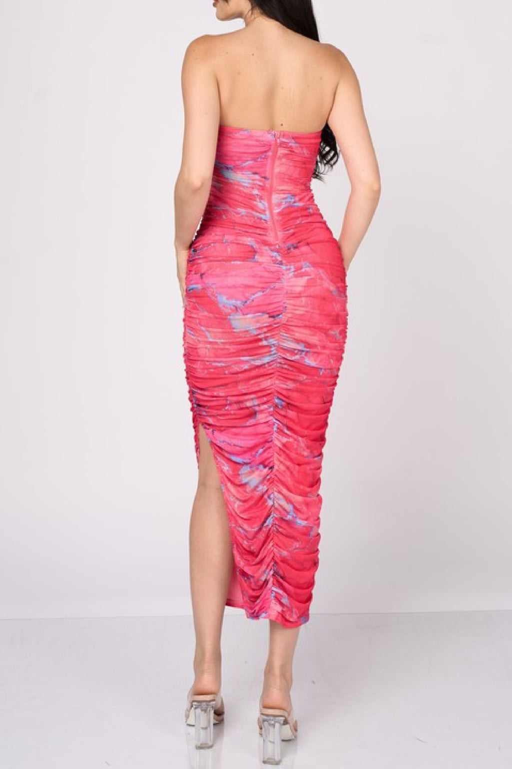  Sleeveless Abstract Print Mesh Midi Dress Pink