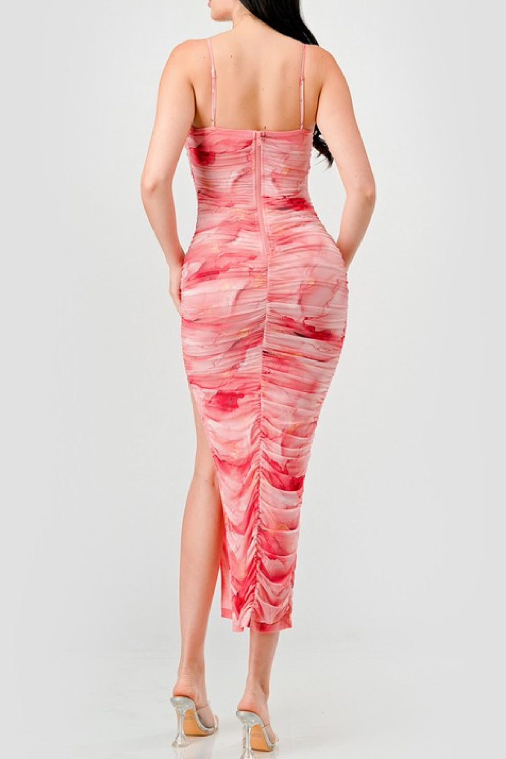  Sleeveless Abstract Print Mesh Midi Dress Rose