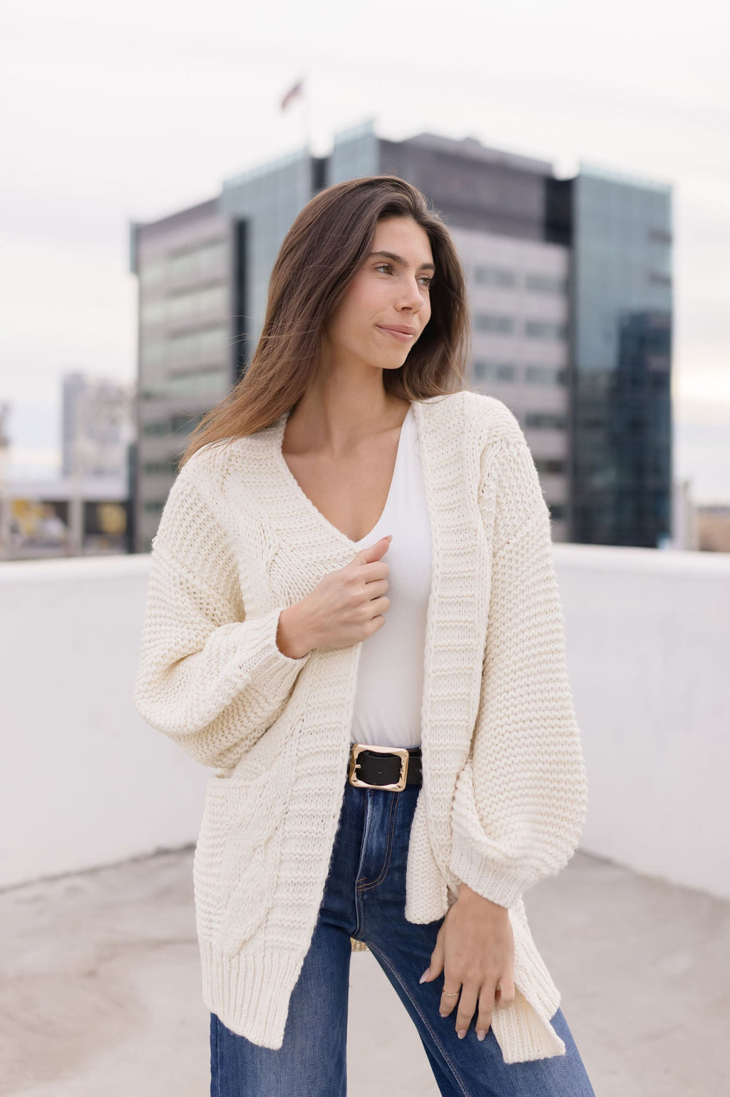 Long Sleeve Chunky Cable Knit Open Cardigan Cream