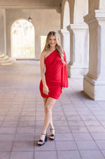 One Shoulder Ruched Mesh Mini Dress Red