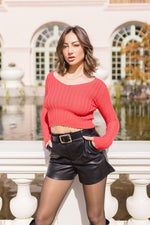 Long Sleeve Ribbed Knit Sweater Top Red