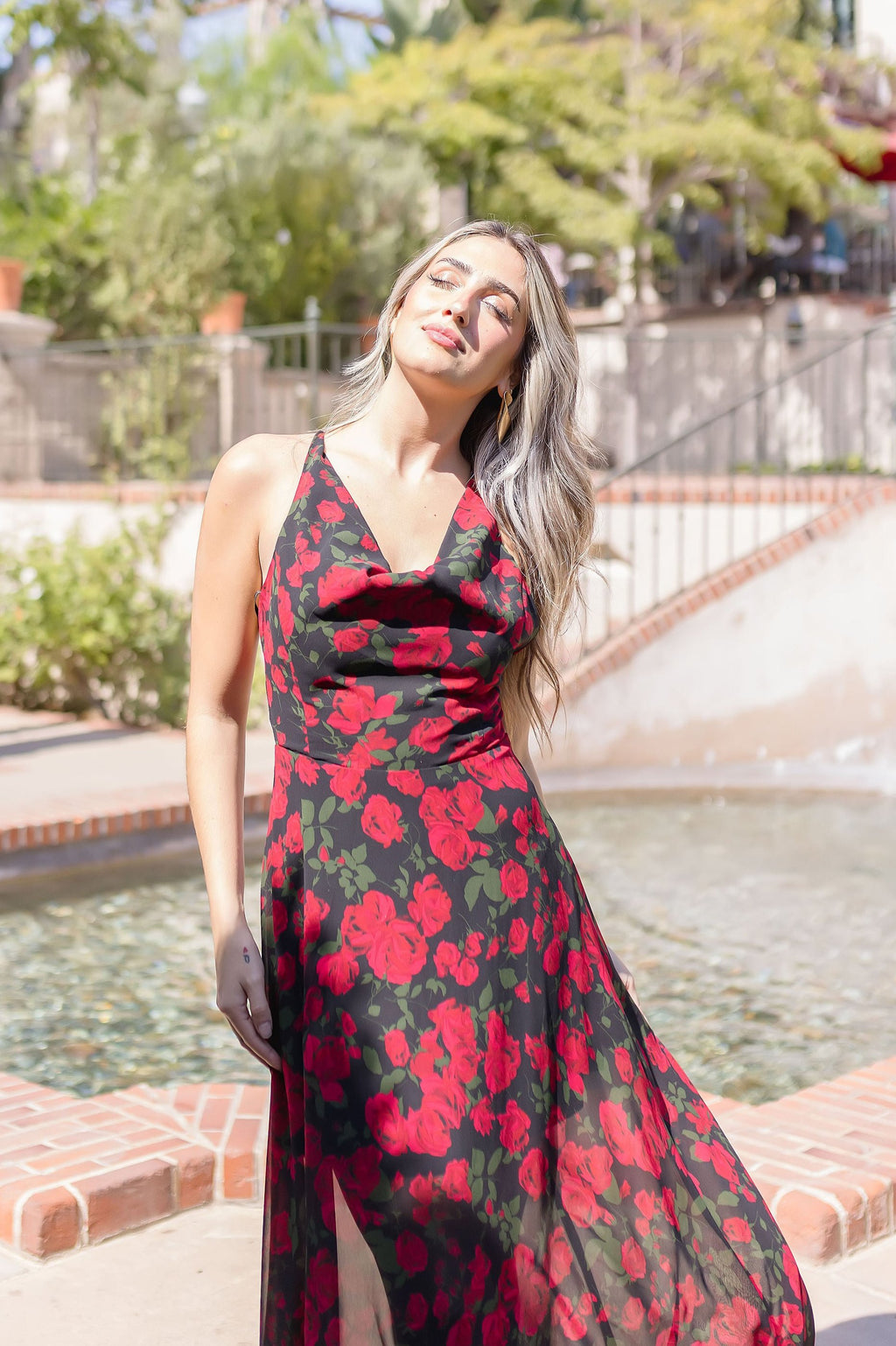 Cowl Neck Cross Back Floral Print Maxi Dress Black