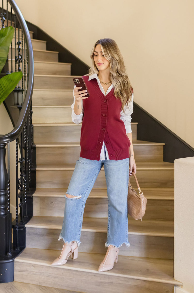 Sleeveless Button Down Sweater Vest Burgundy