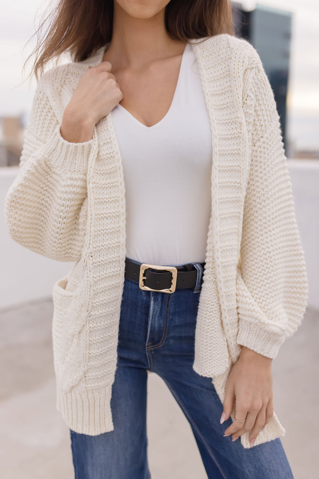 Long Sleeve Chunky Cable Knit Open Cardigan Cream