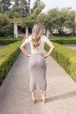 High Waist Rib Knit Midi Skirt Taupe