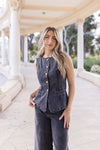 Sleeveless Button Down Denim Vest And Pants Set Black