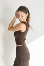 Sleeveless Textured Boatneck And Maxi Skirt Set Brown