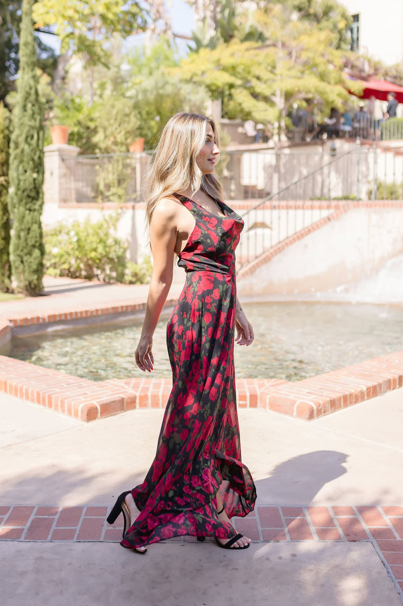 Cowl Neck Cross Back Floral Print Maxi Dress Black