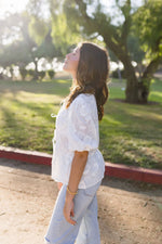 Short Puff Sleeve Bow Tie Floral Babydoll Top White