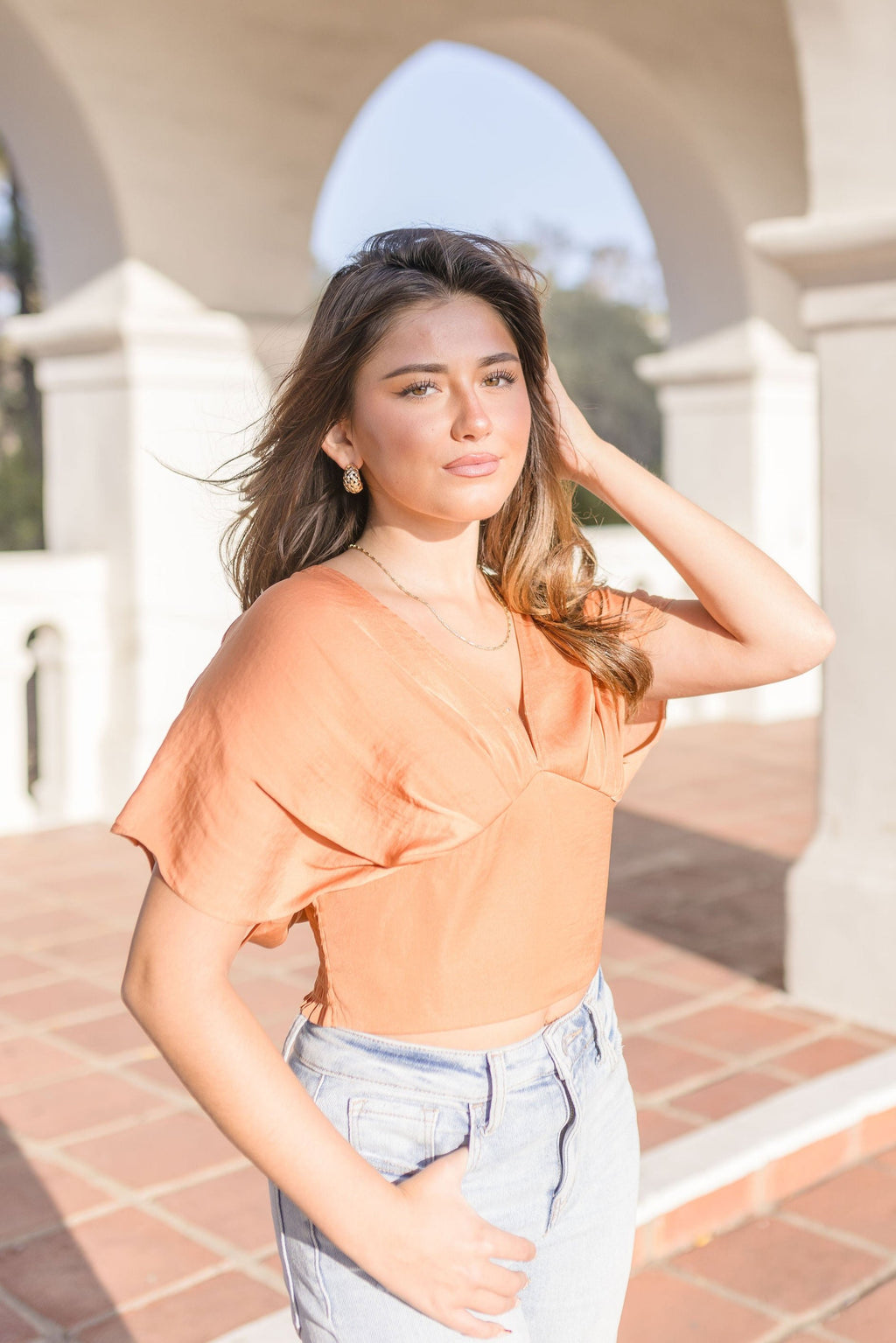 Short Sleeve Satin Crop Top Orange