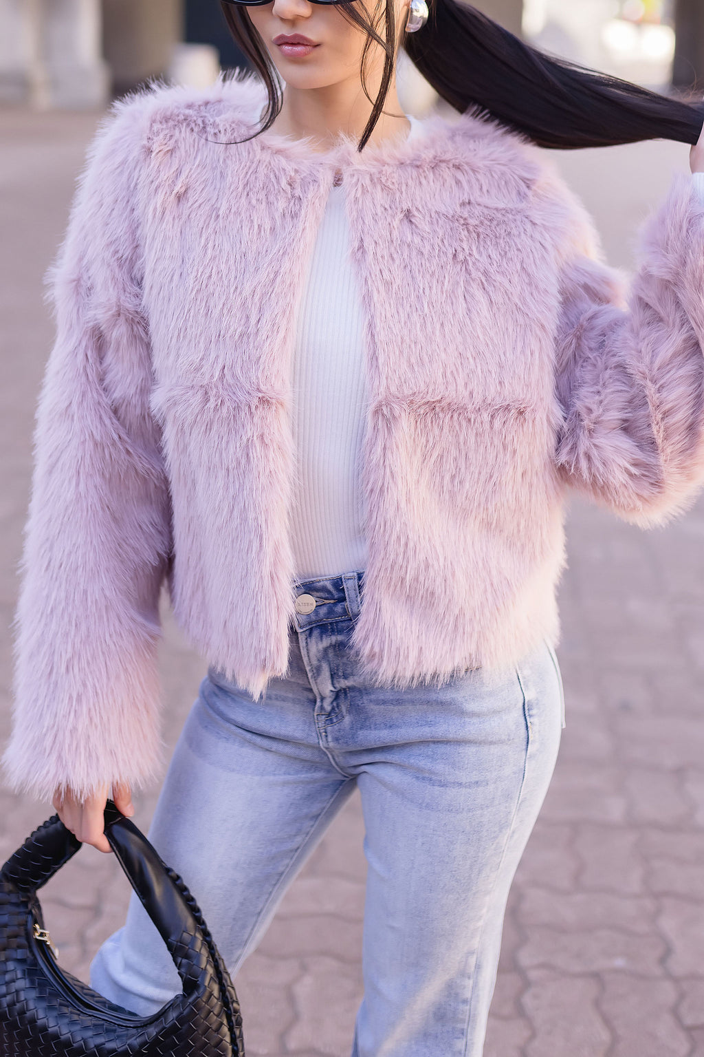 Long Sleeve Faux Fur Jacket Dusty Pink