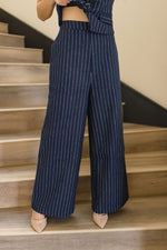 High Waist Stripe Print Wide Leg Pants Navy