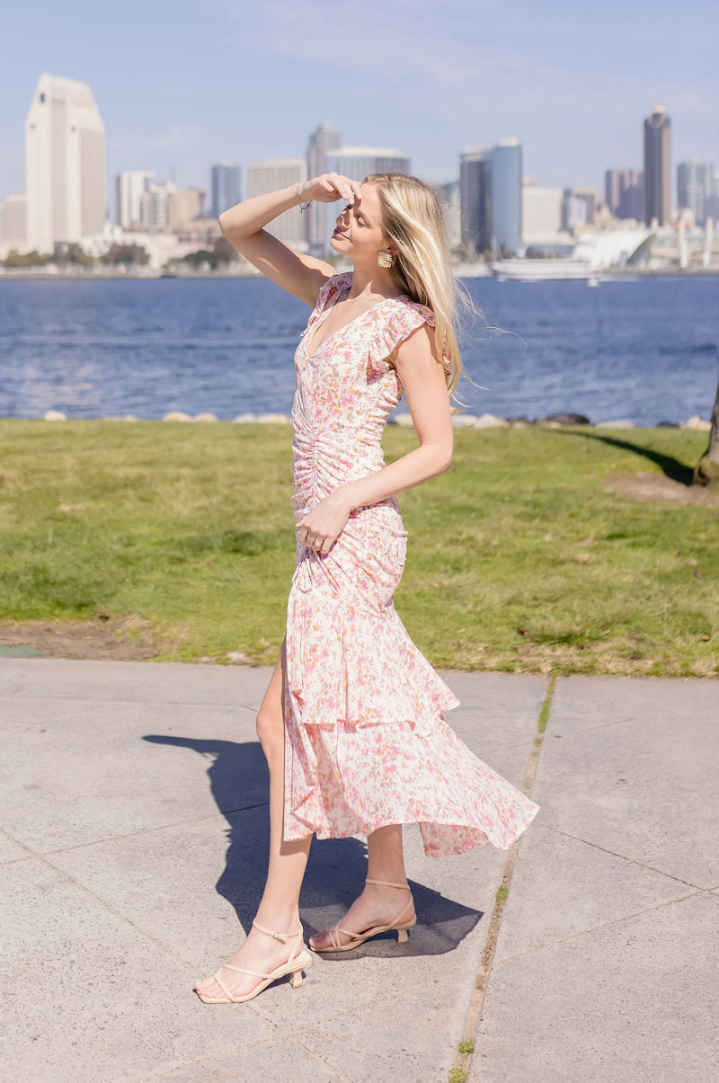  Short Sleeve Floral Print Shirred Maxi Dress Pink