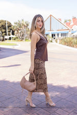  Leopard Print Mesh Midi Skirt Brown