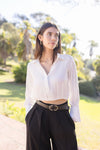  Long Sleeve Elastic Waist Cropped Satin Top White