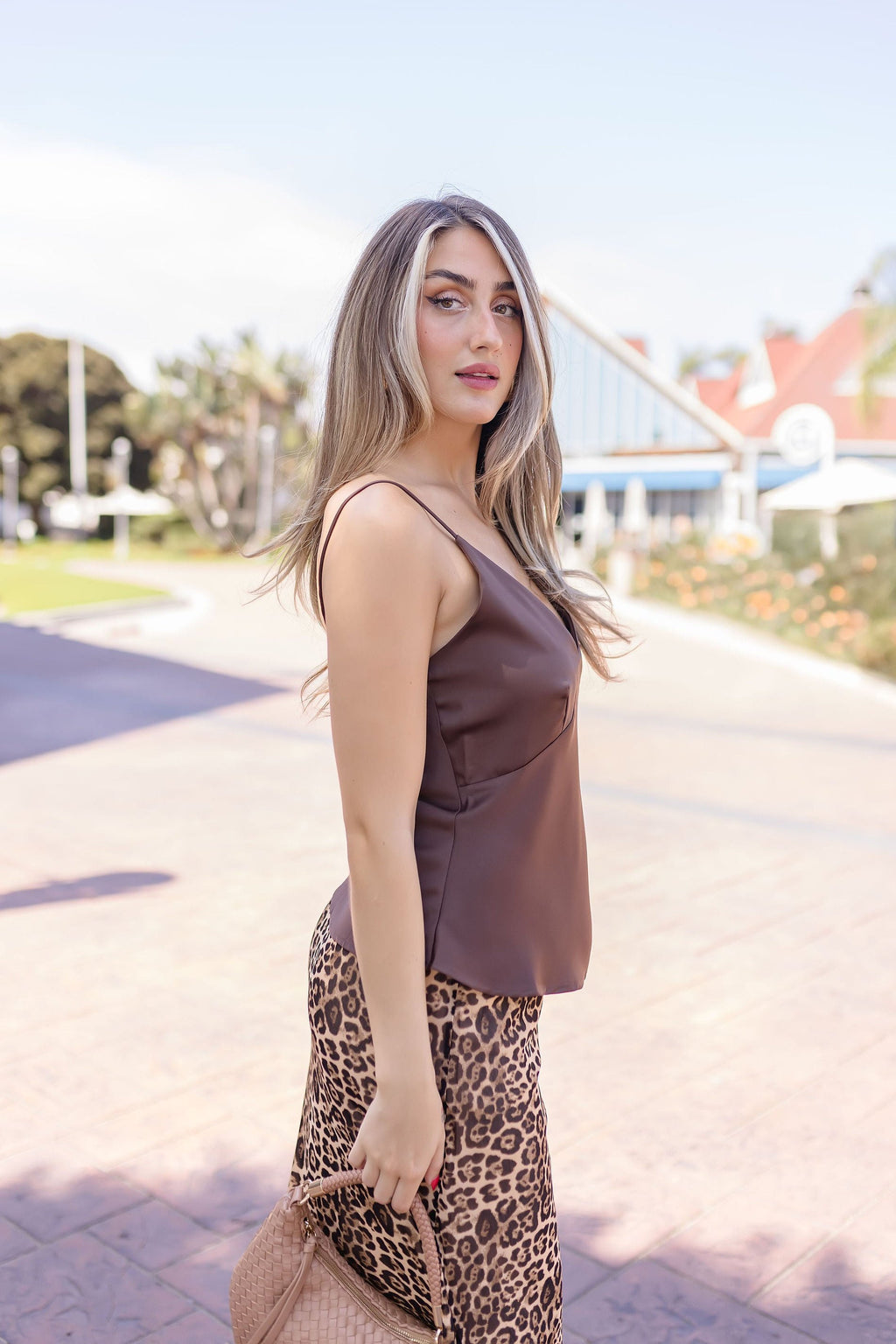  Sleeveless V Neckline Top Brown