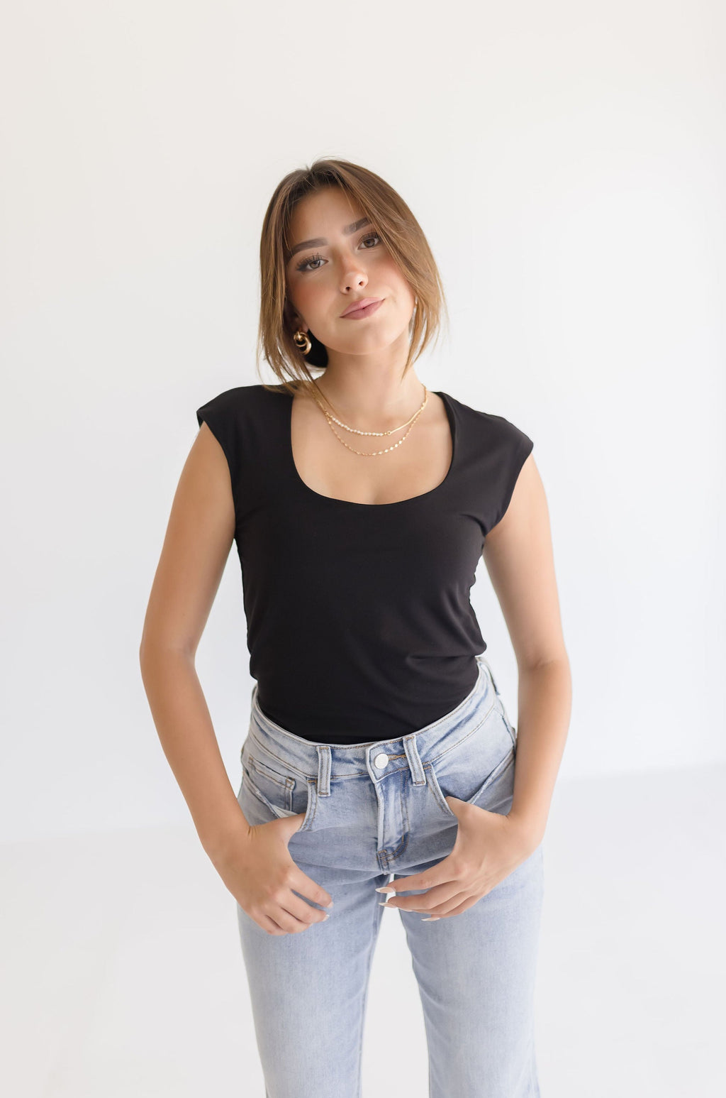 Cap Sleeve Scoop Neck Top Black