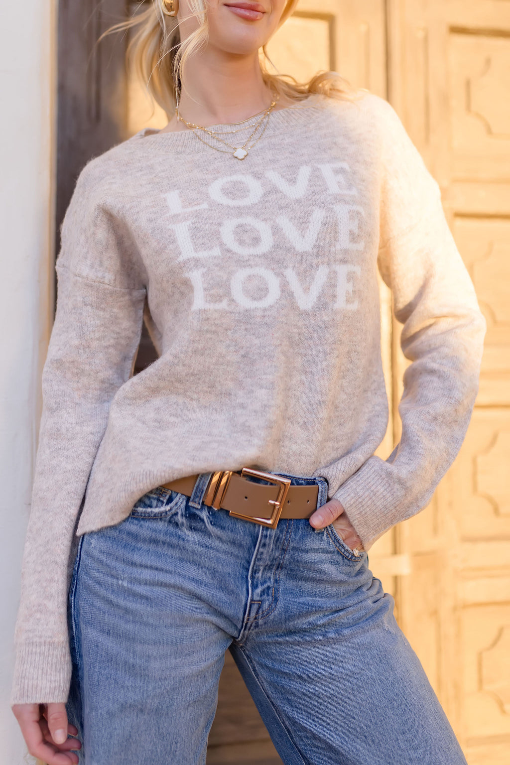 Long Sleeve Love Print Sweater Taupe