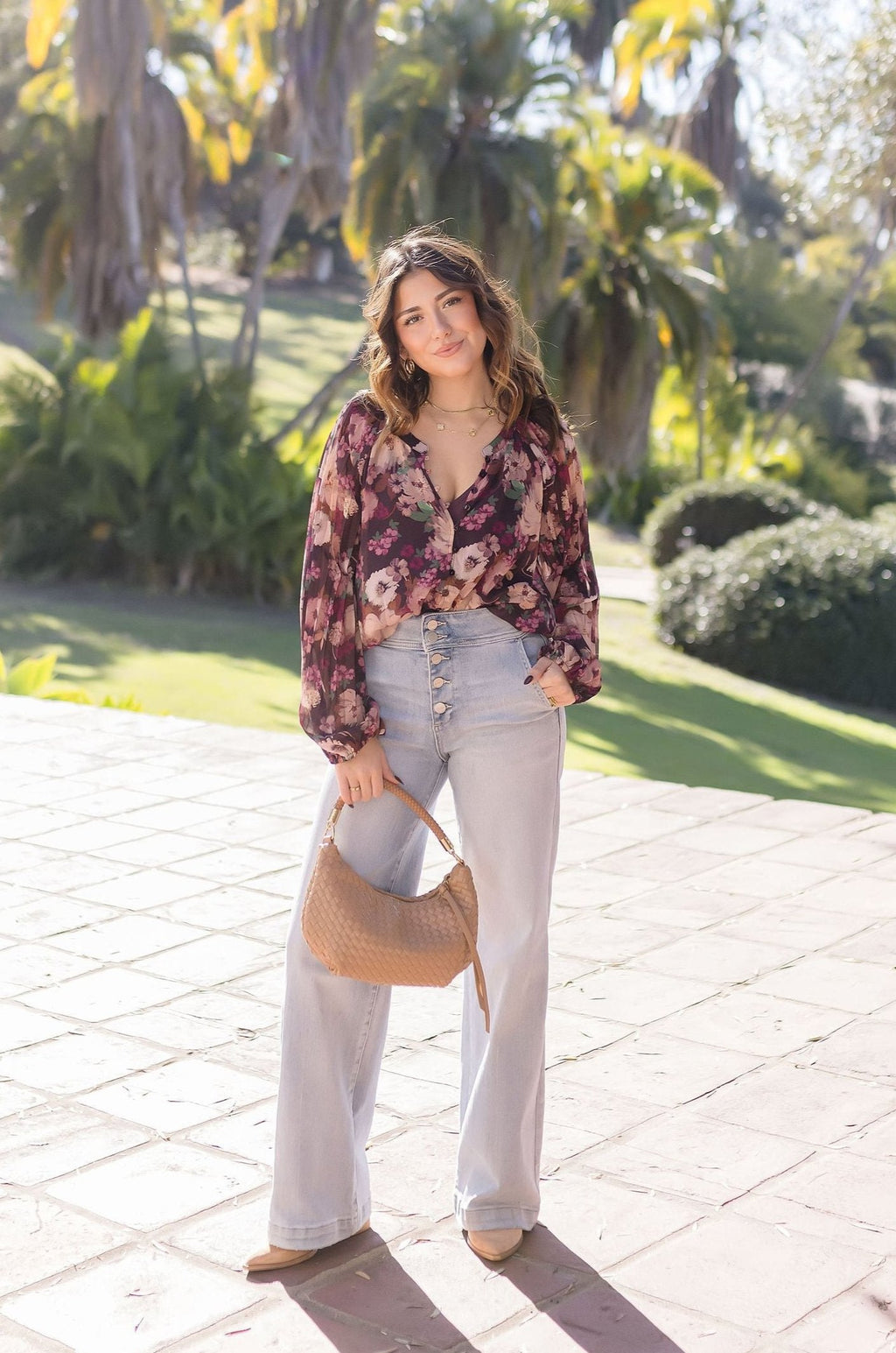 Pleated Long Sleeve Button Down Floral Print Top Violet