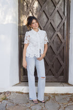 Short Sleeve Button Down Floral Lace Top White