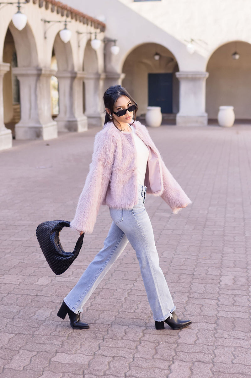 Long Sleeve Faux Fur Jacket Dusty Pink