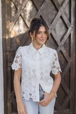 Short Sleeve Button Down Floral Lace Top White