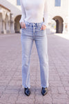  High Rise Raw Hem Straight Leg Jeans Light Wash