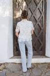 Short Sleeve Button Down Floral Lace Top White