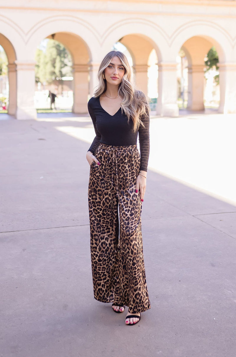 Leopard Print Wide Leg Drawstring Satin Pants Brown