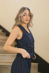 Sleeveless Button Down Stripe Print Vest Navy