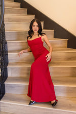 Sleeveless Cowl Neck Ruched Maxi Dress Red