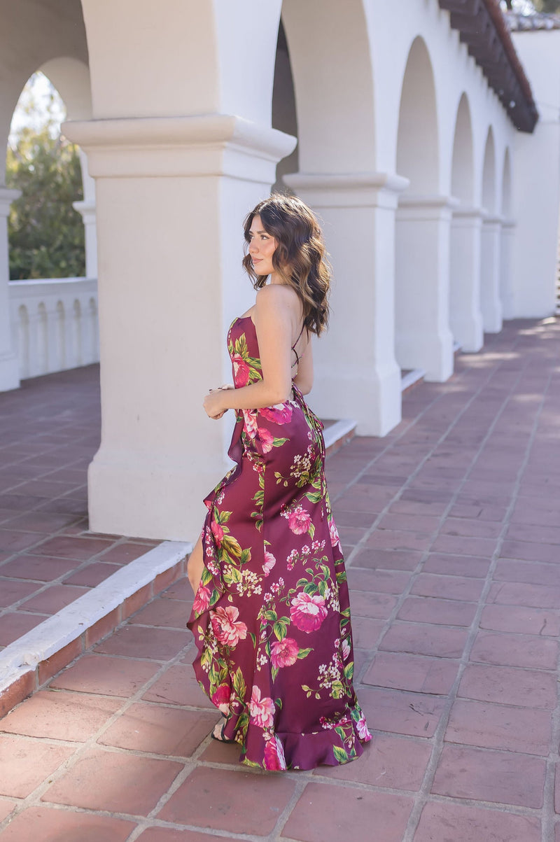 Sleeveless Back Tie Floral Print Maxi Dress Burgundy