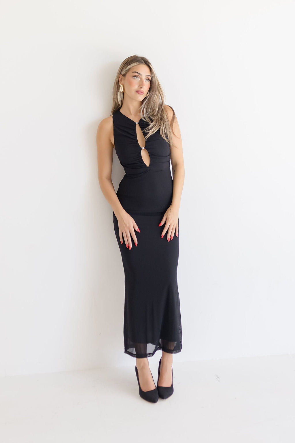 Sleeveless Cut Out Pearl Mesh Maxi Dress Black