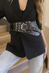 Wide Vegan Leather Asymmetrical Studded Belt Black