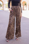 Leopard Print Wide Leg Drawstring Satin Pants Brown