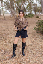 Short Sleeve Button Down Leopard Print Top Brown