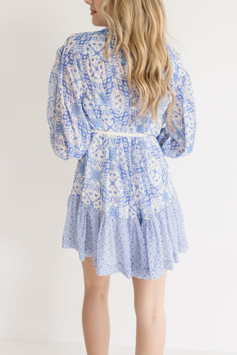 Long Sleeve Abstract Print Mini Dress Blue