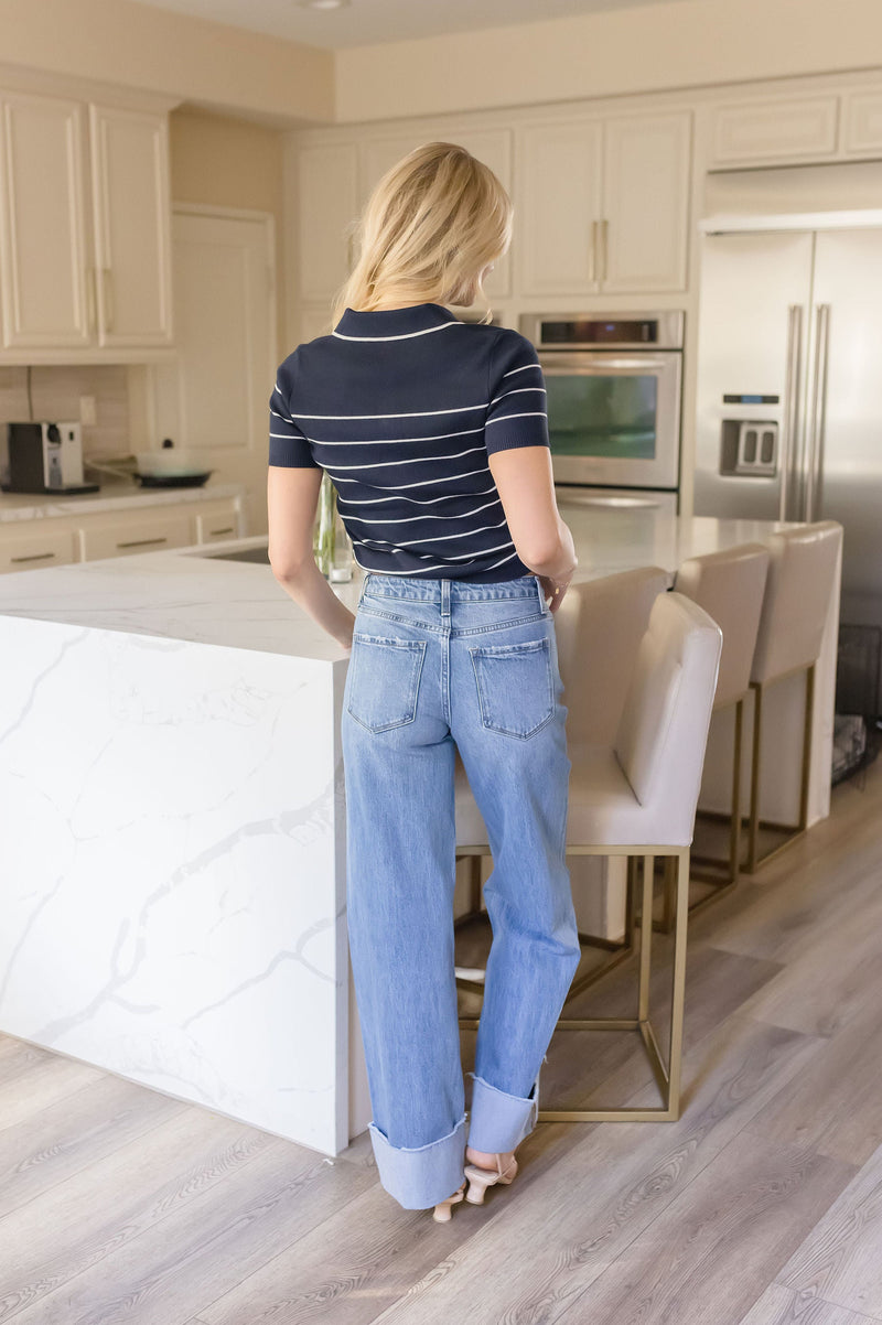 Short Sleeve Stripe Print Knit Top Navy