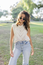 Sleeveless Crochet Knit Sweater Top Taupe