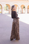 Leopard Print Wide Leg Drawstring Satin Pants Brown