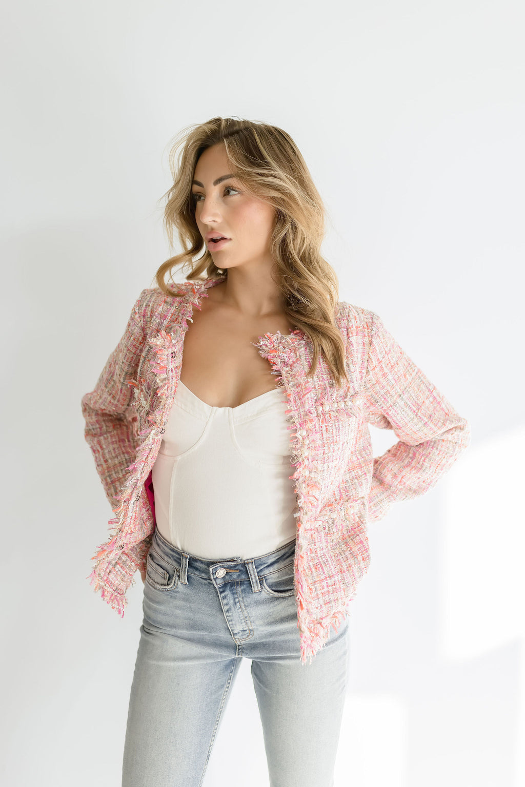 Long Sleeve Tweed Jacket Pink