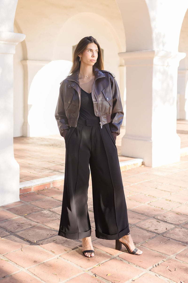 Vegan Leather Cropped Bomber Jacket Brown