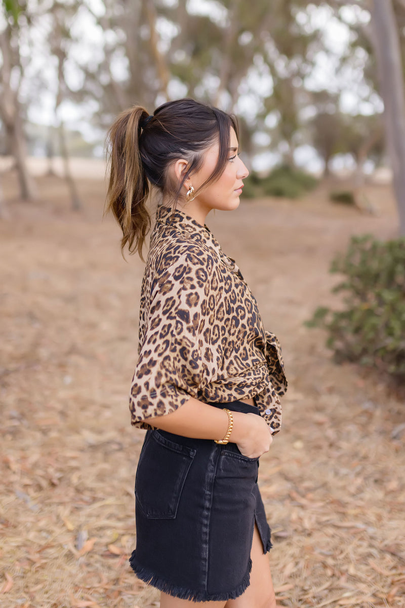 Short Sleeve Button Down Leopard Print Top Brown