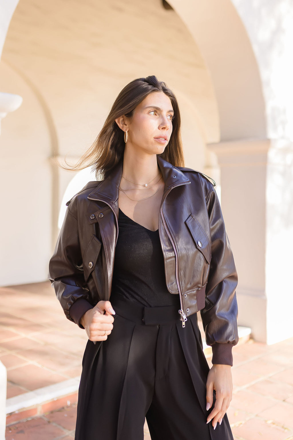 Vegan Leather Cropped Bomber Jacket Brown