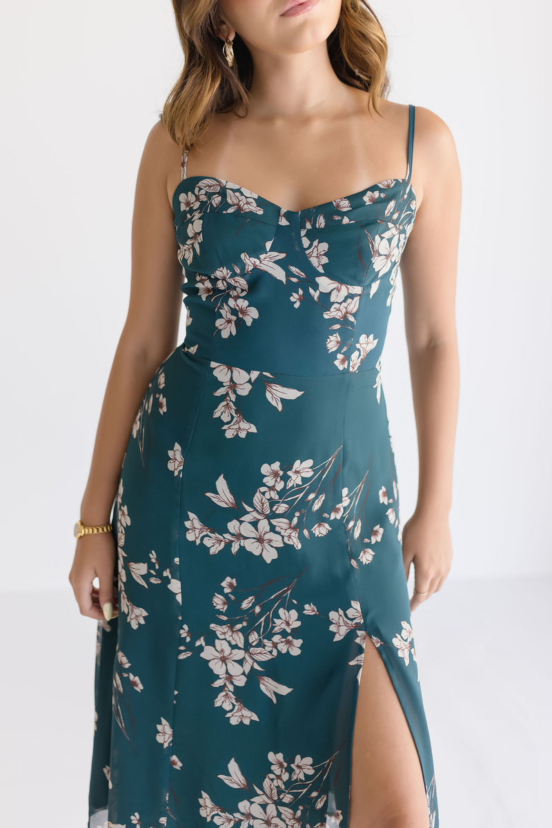 Tessa Sleeveless Floral Print Midi Dress Green