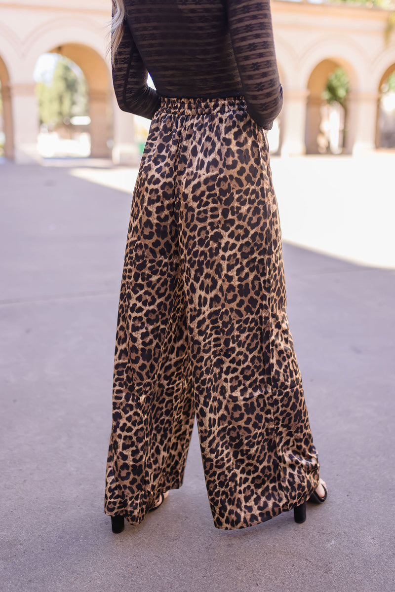 Leopard Print Wide Leg Drawstring Satin Pants Brown